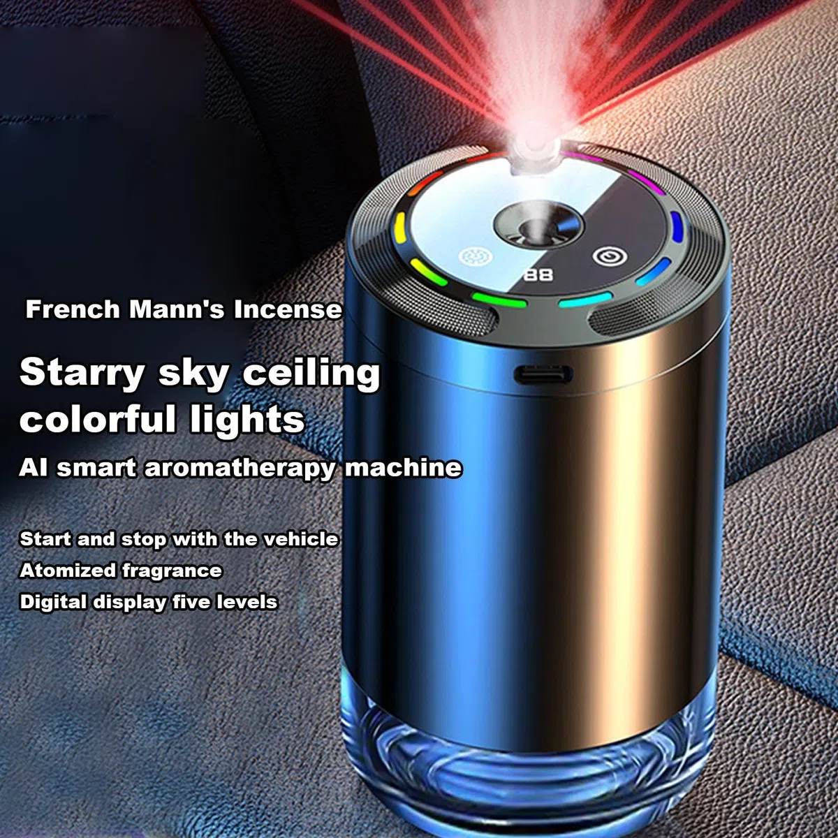 Teksome Humidificador de Automóvil, Aromaterapia, 5 Modos Ambientador de Aire para Automóvil - Liminador de Olor para Coche, Hogar, Oficina, Habitación Pequeña