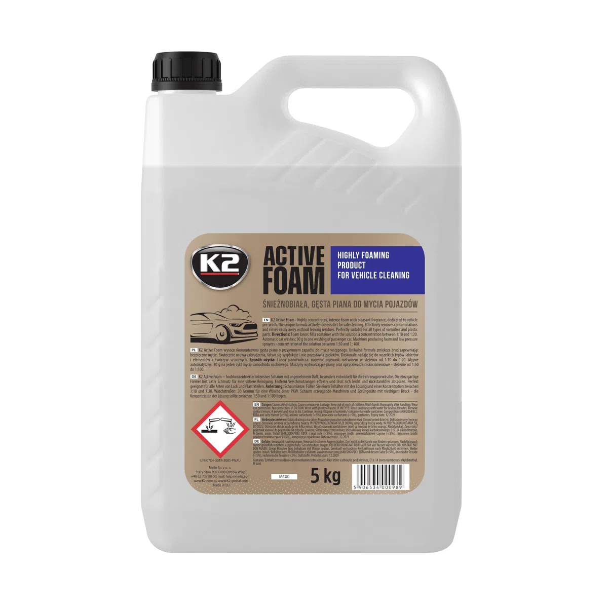 K2 ACTIVE FOAM Espuma Activa para Lavado de Coches – Limpieza Profunda y Potente Acción Desengrasante – pH Neutro y Segura para la Pintura – Compatible con Lanza de Espuma – 5L