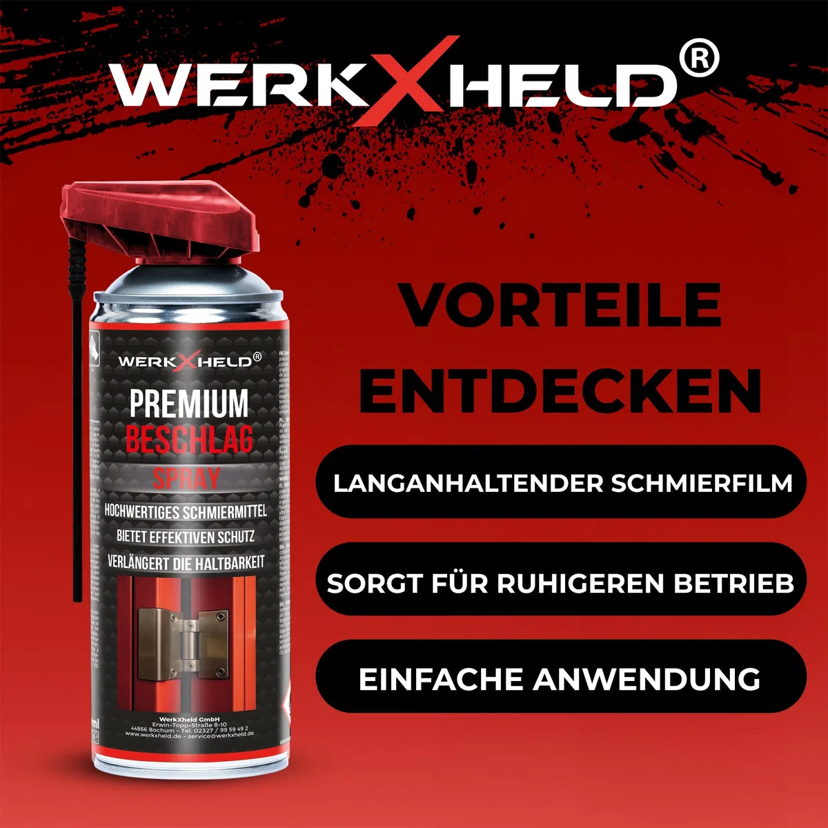 WerkXheld Aerosol para ventanas y puertas – 400 ml, lubricante para ventanas y aceite, optimizado para herrajes de ventanas, cuidado y protección a largo plazo