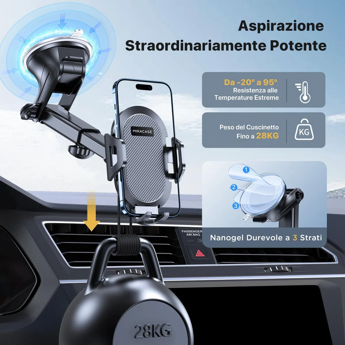 Miracase Soporte Movil Coche [Ultra Estable y Potente Ventosa] Suporte Telemovel Carro para salpicadero y Parabrisas y Aire Ventilación [3 en 1] Porta Movil Coche para Teléfonos de 4-7''