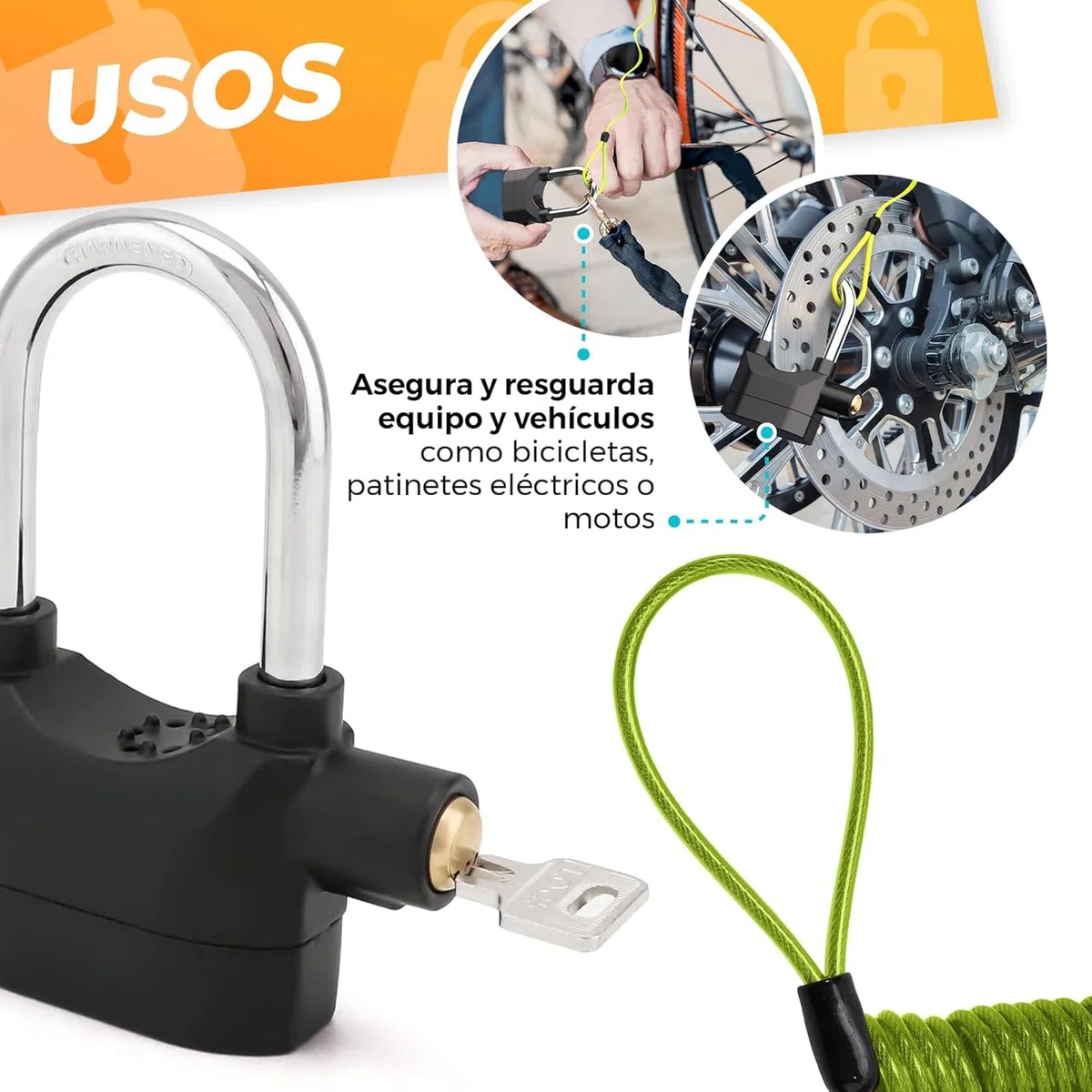 Candado para Moto Alarma 110dB para Antirrobo de Patinetes y Bicicletas - Disco de Freno con Cable Recordatorio de 1.5m y Pilas Incluidas de Acero Inoxidable