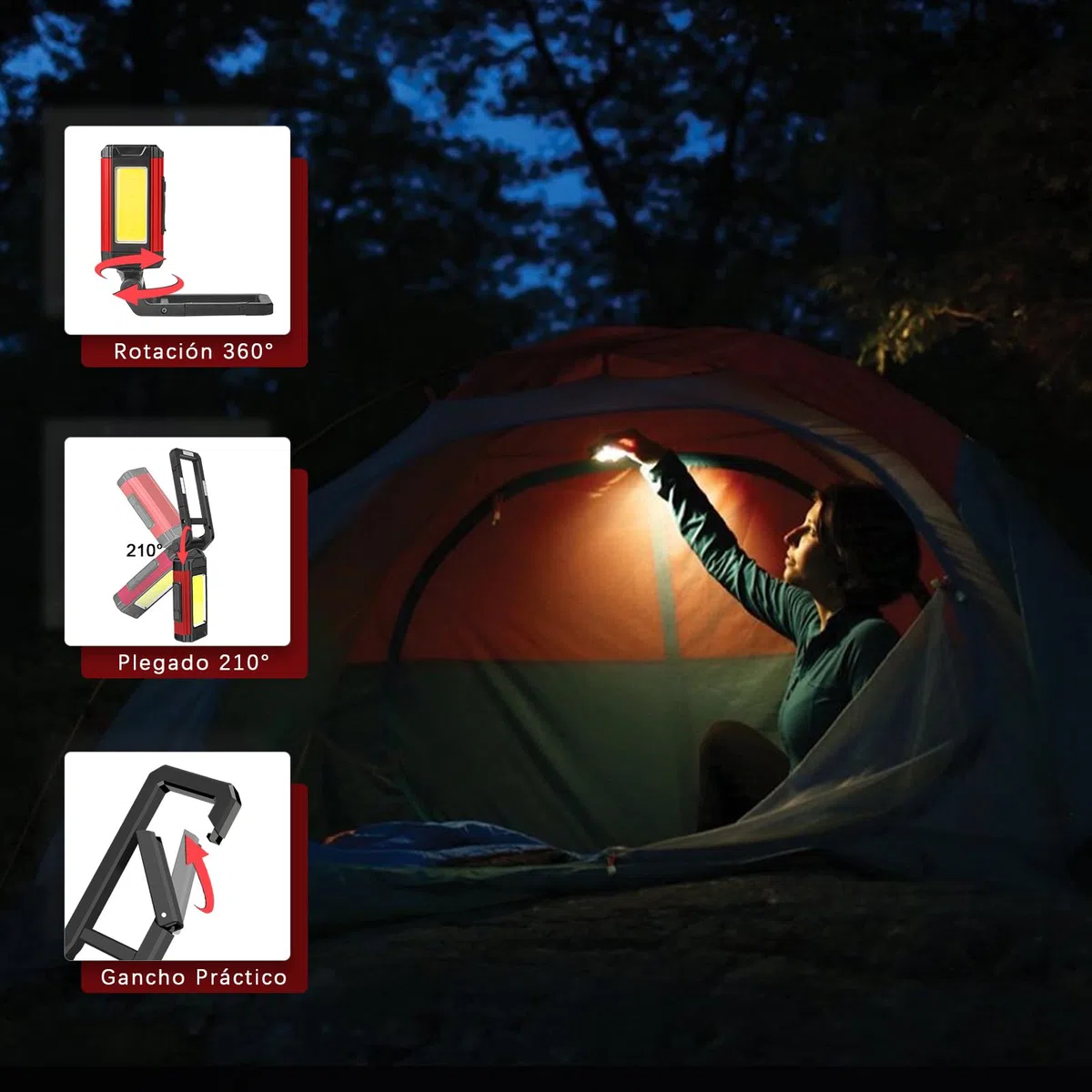 SPORWAY Linterna de Trabajo Led Recargable, Luz Portatil Taller Lampara de Trabajor Banco Energía Linterna Mecanico USB con Base Magnético y Gancho para Hogar, Automóviles, Camping, Emergencia