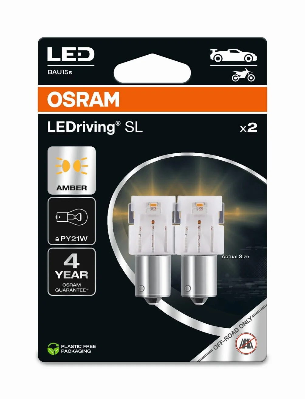 OSRAM LEDriving SL, PY21W, Ámbar, Doble Blíster (2 lámparas), LED Retrofit, solo uso todoterreno