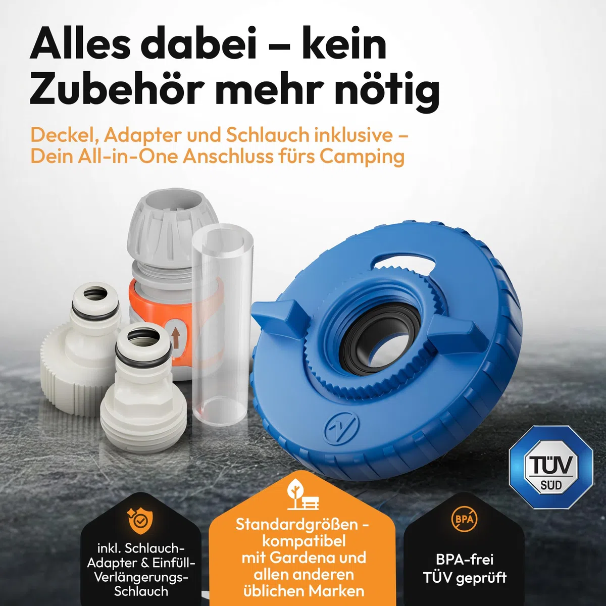 tapón depósito de agua – 3 pines 78mm diámetro – blanco – para autocaravana con manguera para boca de llenado de agua +Plus: Adaptador de manguera
