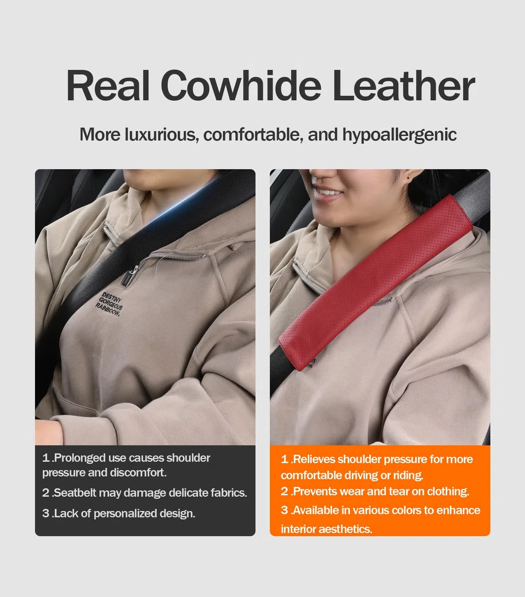 Funda para cinturón de Seguridad de Cuero Vacuno auténtico, Fundas para cinturón de Seguridad de Coche, cojín de Hombro para Accesorios del Conductor, Mochila, Bolsa de Hombro (Gris)
