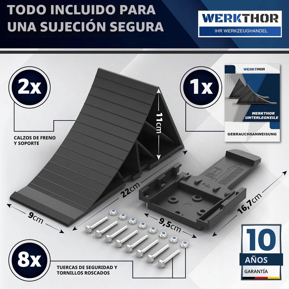 WERKTHOR Calzos de Rueda con Soporte [Juego de 2] y Material de Fijación - Calzos de Rueda para Remolques de hasta 1600kg de Carga por Eje - Cuñas Accesorios para Remolques de Coches (Montables)