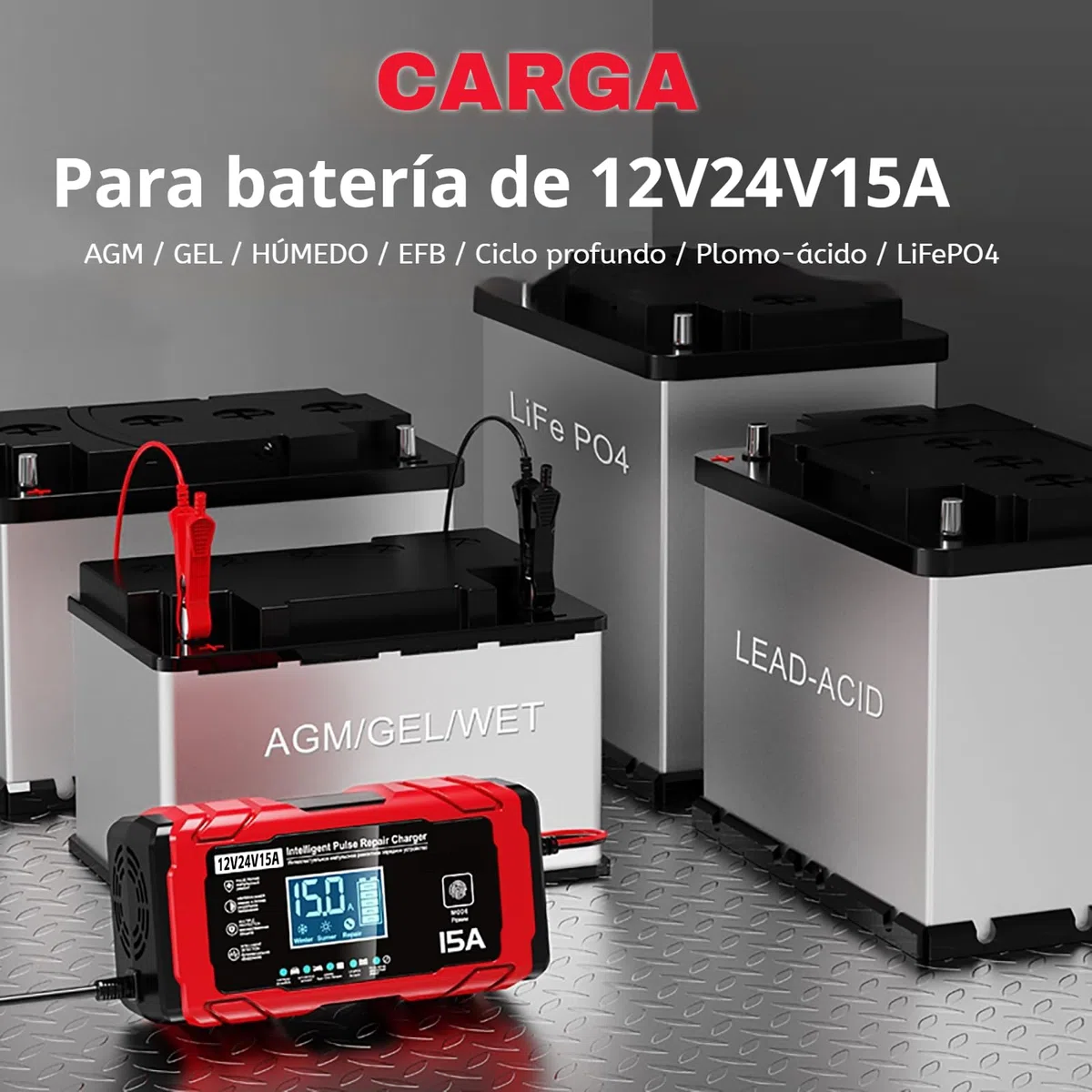 24V 15A Cargador Baterias Coche, 12V 8A Cargador de Bateria y Moto Inteligente Batería de Coche con LCD Cargadors de batería para Auto Moto Camión AGM Gel SLA