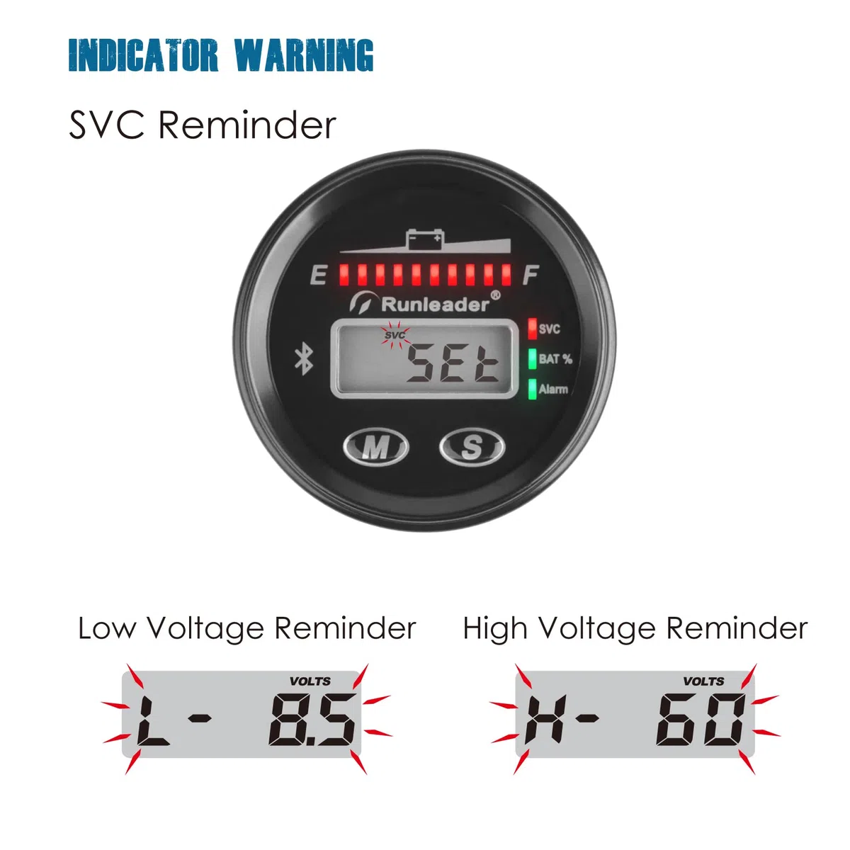 Runleader 12V a 48V indicateur de batterie Bluetooth LED, Record d 'Heures de fonctionnement pour l 'acide de Plomb Gel de Litio AGM LiFePO4 alimente par la batterie de voiturette de Golf Go-Kart
