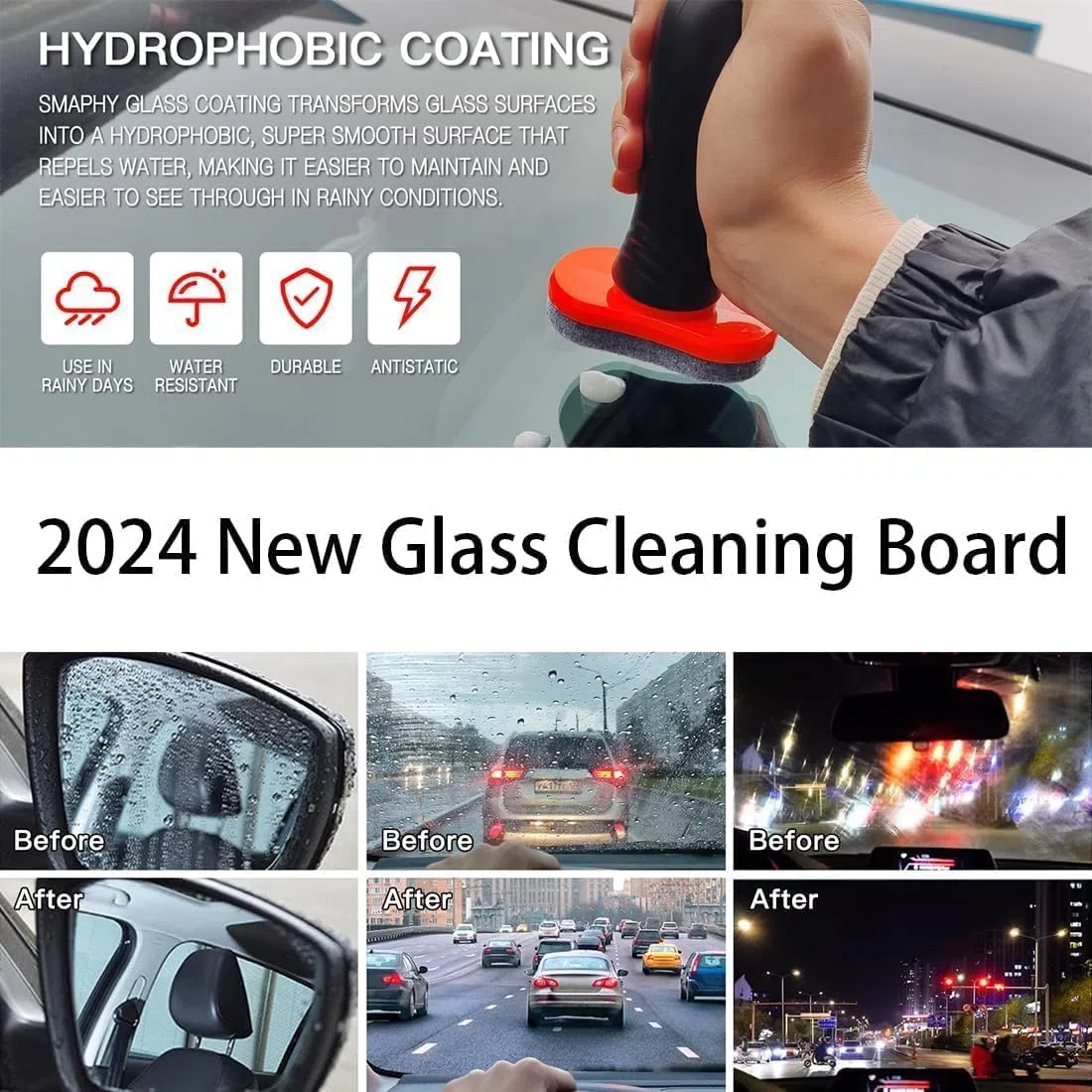 Hydrophobic Glass Treatment Kit, Rain and Fog Repellent Coating for Windshield,Glass Cleaning Board, Enhances Driver Visibility and Safety (100ml) (2Pcs A)