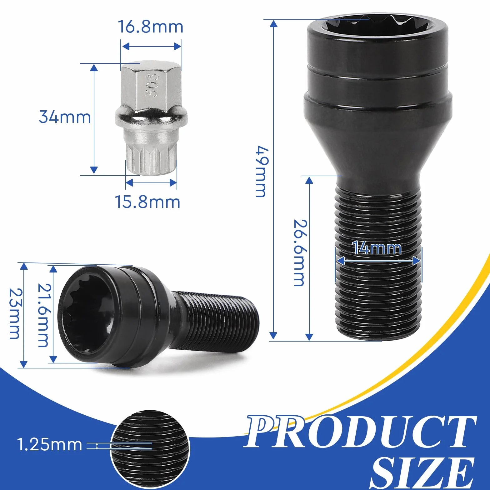 EFUTURETIME 4 x Tornillos Antirrobo Coche M14 x 1,25 mm, Tornillos de Rueda con una Tuerca de Seguridad Compatible con B-M-W y Mini (OE: 36136776076)