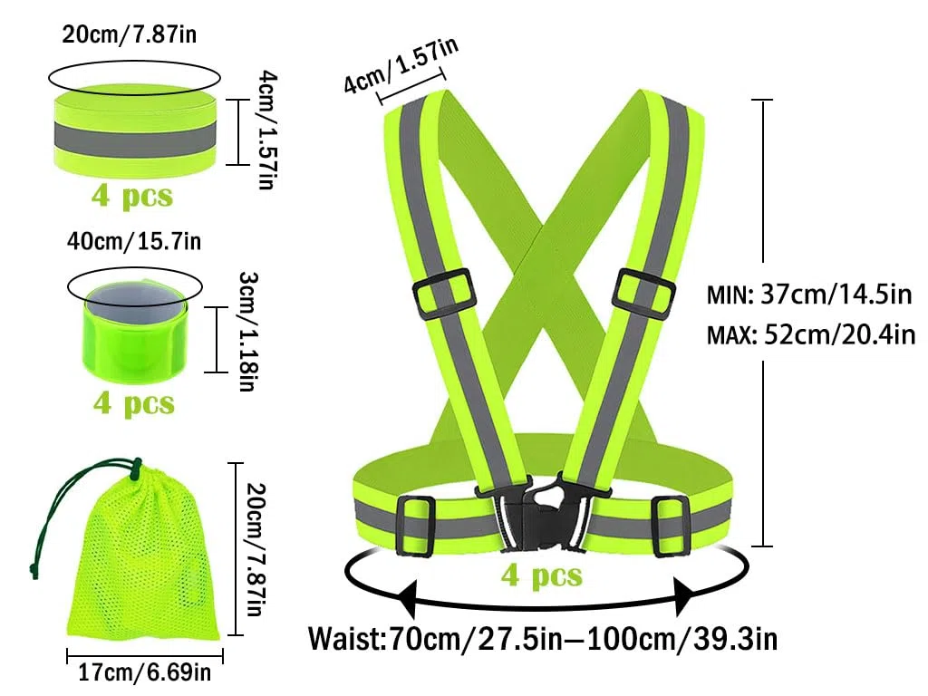Anlising 4PCS Seguridad Chaleco Reflectante Moto+4PCS Bandas Reflectoras+4PCS Brazalete Reflectante, Ajustable Visibilidad Alta Chaleco Reflectantes con Bolsa, para Correr,Senderismo,Ciclismo