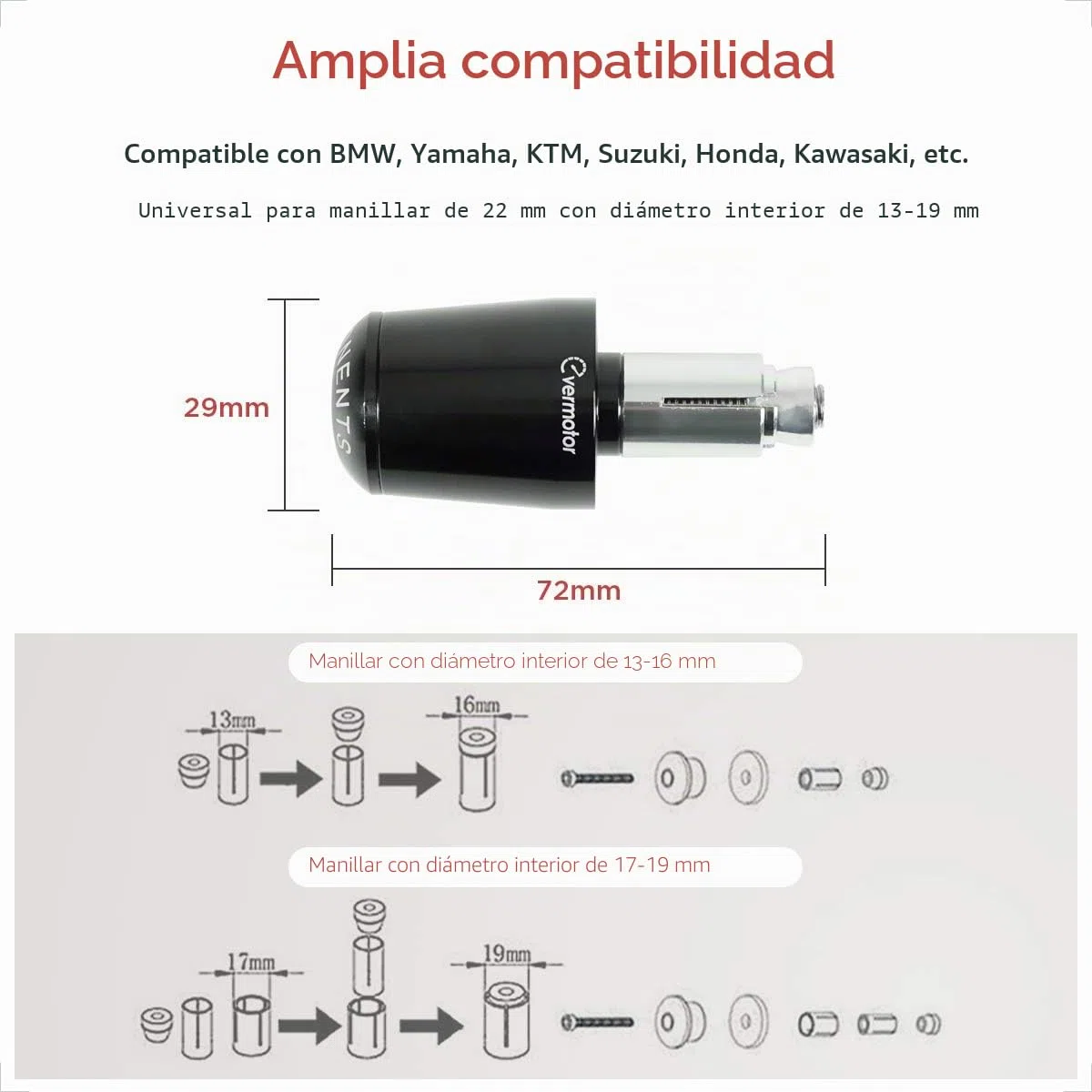 Evermotor Puños de manillar de motocicleta universales - 22 mm (7/8 ") 24 mm (1") Puños de motocicleta antideslizantes para ciclomotores Scooter Quad ATV Puños de goma hechos de aluminio CNC gris azul marino