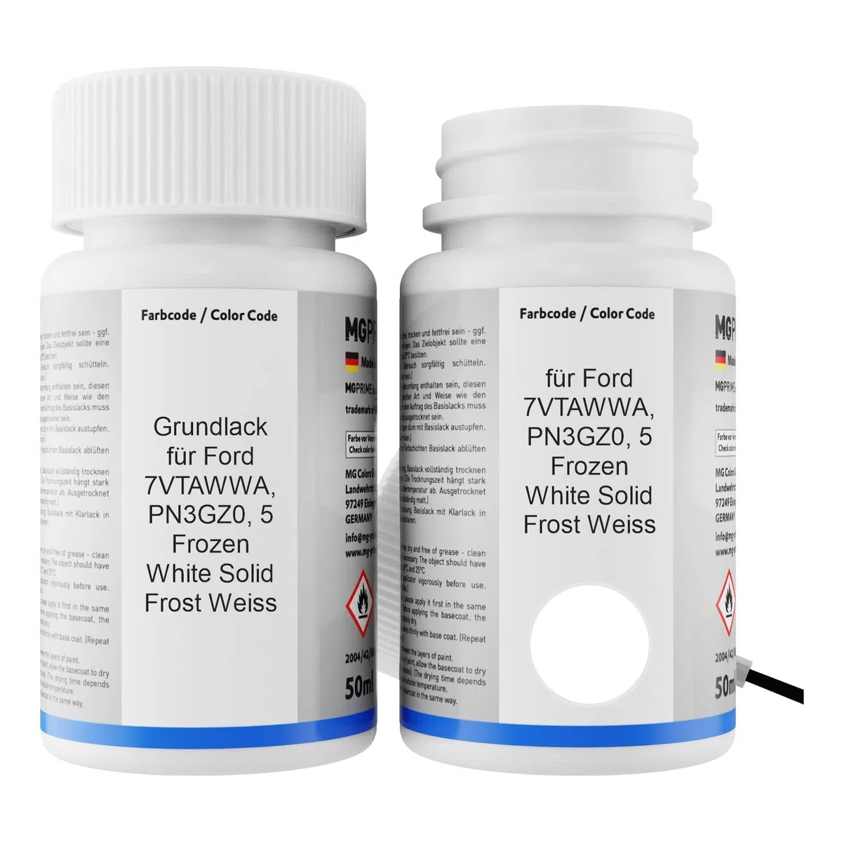 MG PRIME Pintura automotriz Set de lápices de retoque para Ford 7VTAWWA / PN3GZ0 / 5 Frozen White Solid/Frost Weiss Pintura de fondo/base pintura transparente, 50 ml cada uno