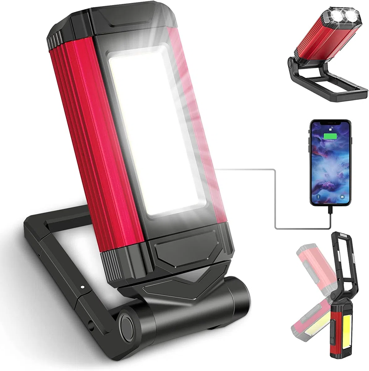 SPORWAY Linterna de Trabajo Led Recargable, Luz Portatil Taller Lampara de Trabajor Banco Energía Linterna Mecanico USB con Base Magnético y Gancho para Hogar, Automóviles, Camping, Emergencia