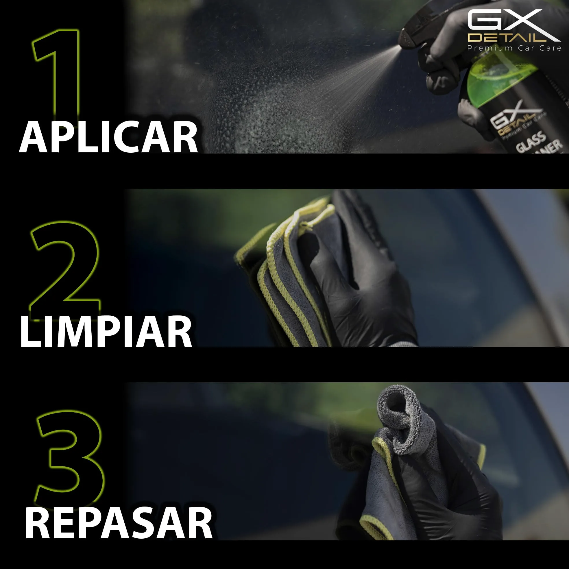 GxDetail Limpiacristales Coche 1 Litro - Glass Cleaner - Incluye Guantes de Nitrilo y 2 Microfibras - Limpia Cristales Triple Acción - Sin Marcas - Limpia Cristales Profesional – Formula con Alcohol