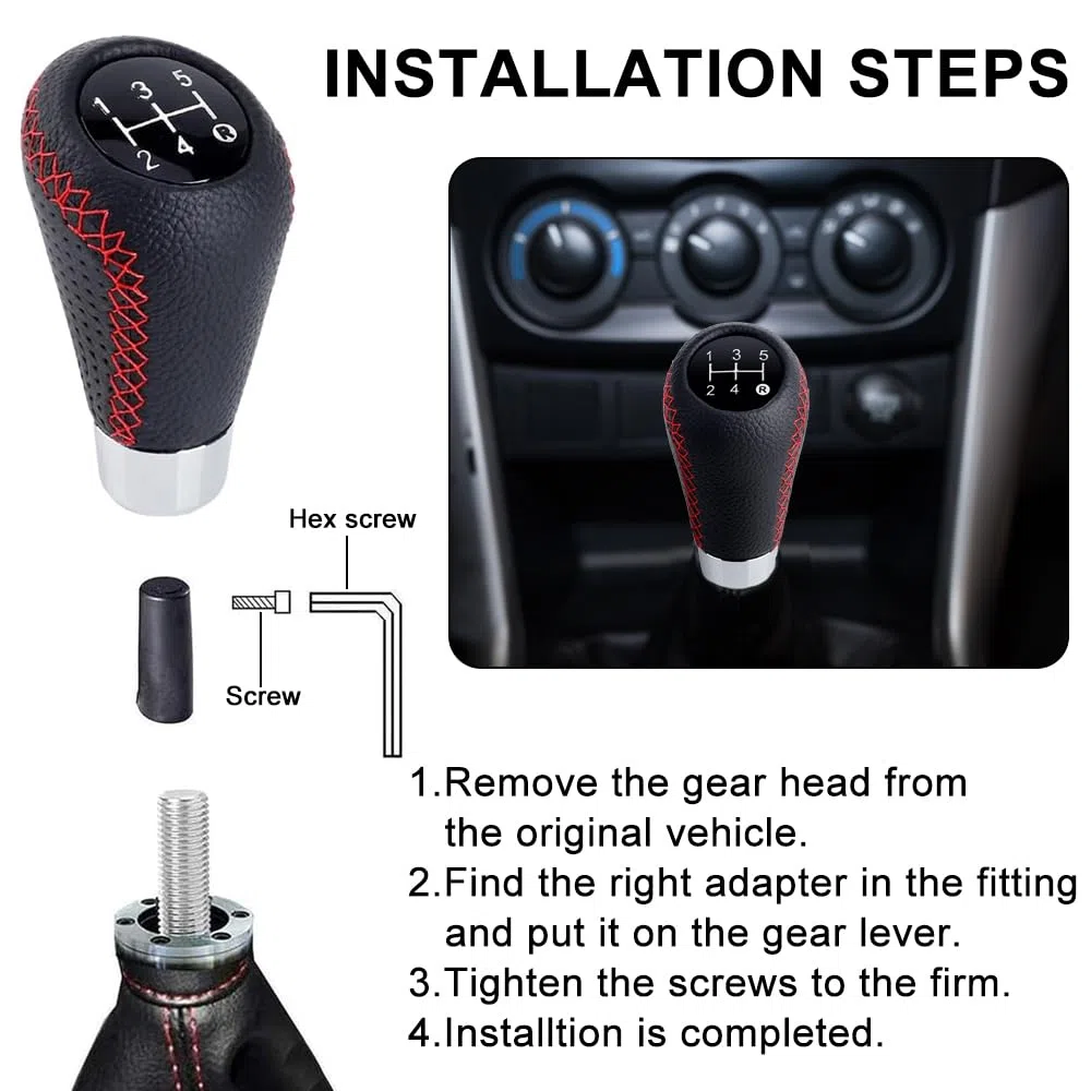 OBEST Pomos de Palanca Cambios Coche Manual Universal, 5 velocidades Perilla de Cambios de Piel para Coche de Transmisión Manual con 8mm 10mm 12mm Adaptador