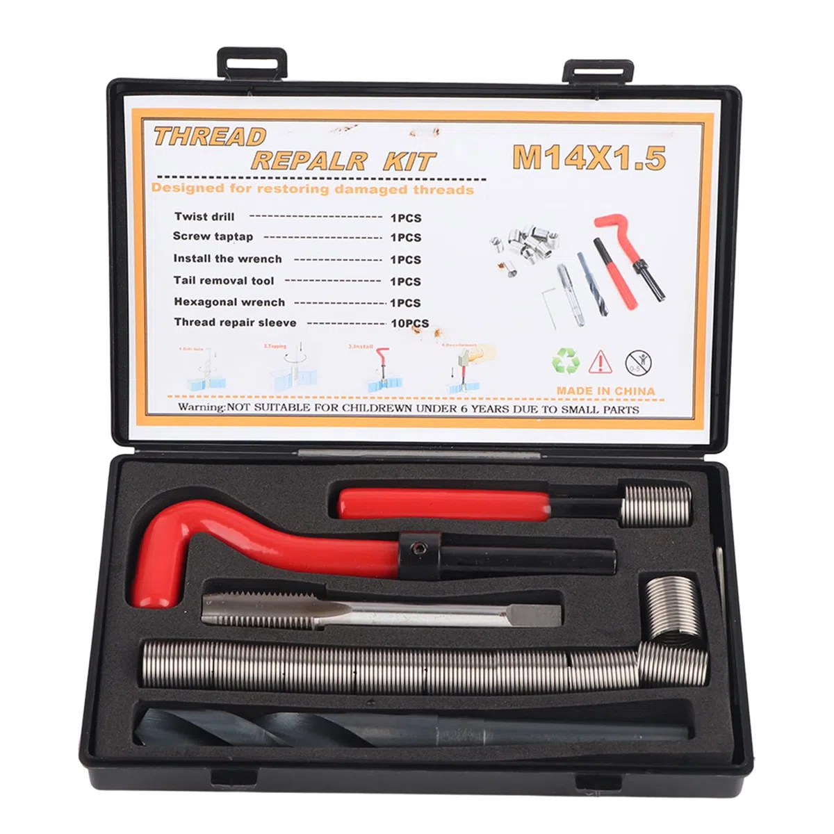 Kit de Reparación de Roscas, 15 Piezas, Insertos Roscados M14 x 1,5 de Acero Inoxidable, Set de Inserción para Reparación de Roscas