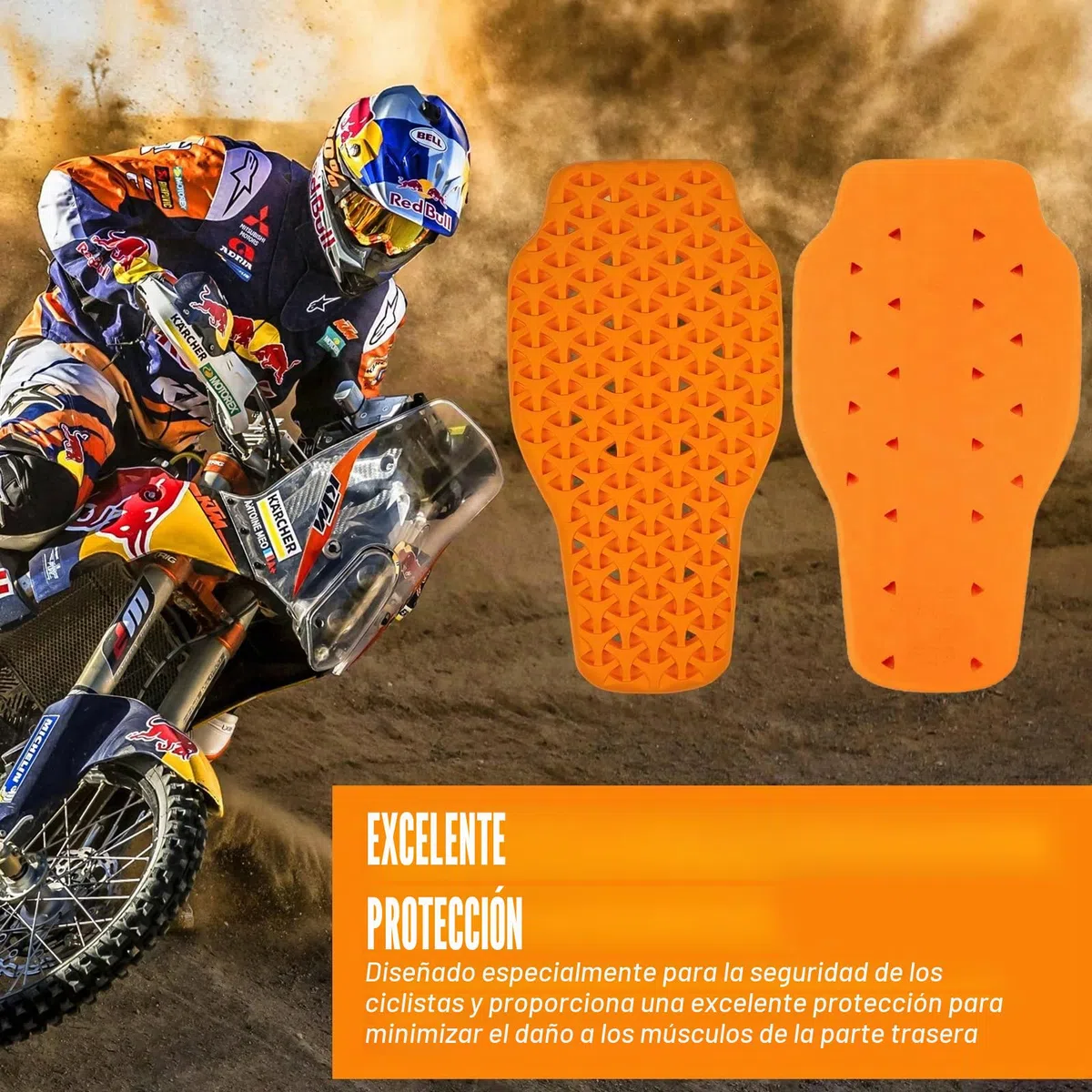 Protector de espalda para motocicleta, extraíble, cómodo y transpirable, protector de espalda certificado CE, diseño ergonómico, ajuste eficaz y absorción de golpes, unisex (42 x 23 cm, naranja)
