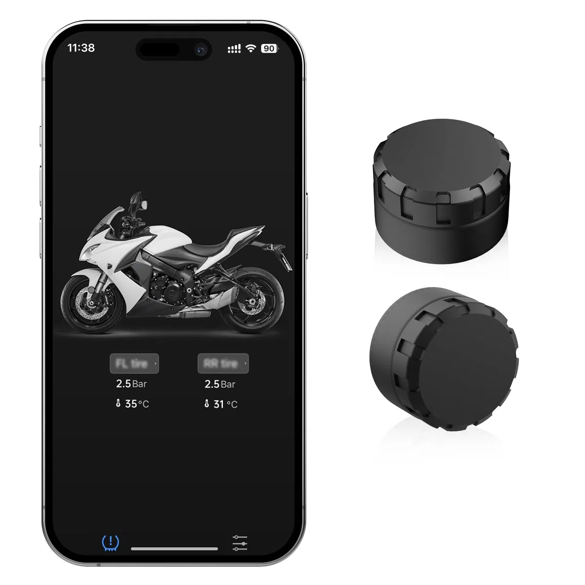 Moman Sistema TPMS Moto 2 Sensores, Monitor Presión y Temperatura Neumáticos con Alarma Manómetro de Presión de Neumáticos, Inalámbrico Solo iOS​​ & Android