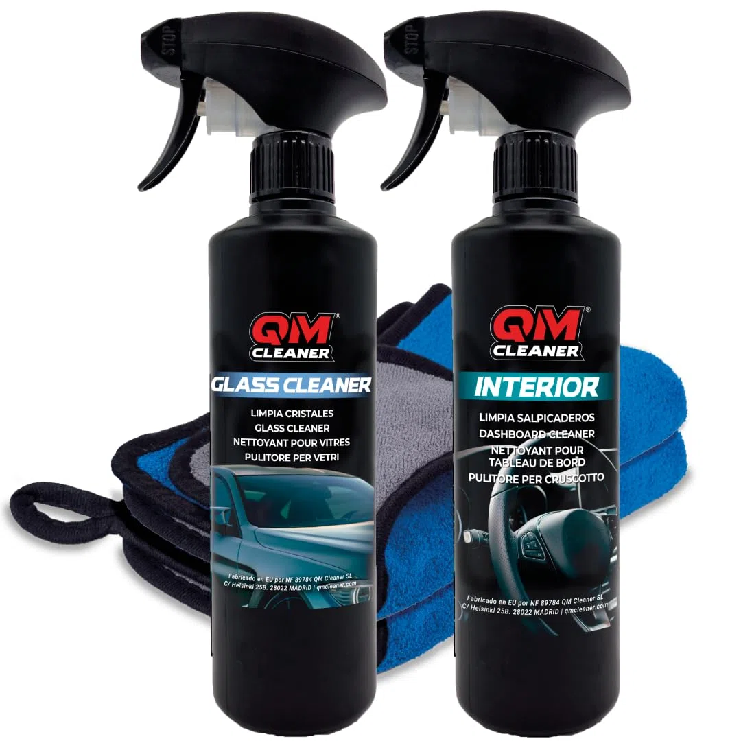 QM Cleaner Kit Limpieza Interior Vehiculo Limpia Salpicadero, Plastico, Cristales y Pantalla, efecto satinado | Incluye Limpia salpicaderos(500ml), Limpia Cristales/Pantallas(500ml) y 2 paños extra