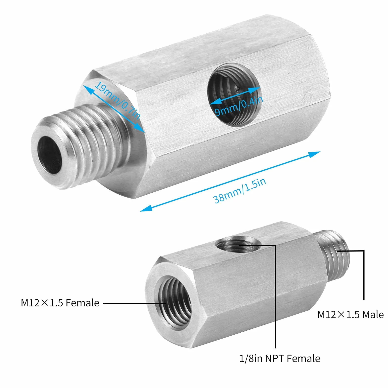 Accesorio Npt del sensor de presión de aceite, 1/8in a M12 X 1.5 Adaptador de acero inoxidable en forma de T Accesorio para automóvil