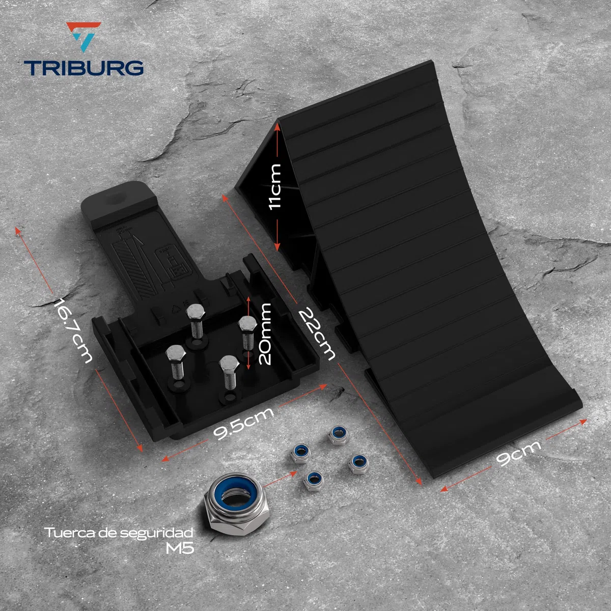 TRIBURG Calzos de Rueda Incl. Soporte [Juego de 2] y Material de Montaje - Calzos para Remolques y Caravanas