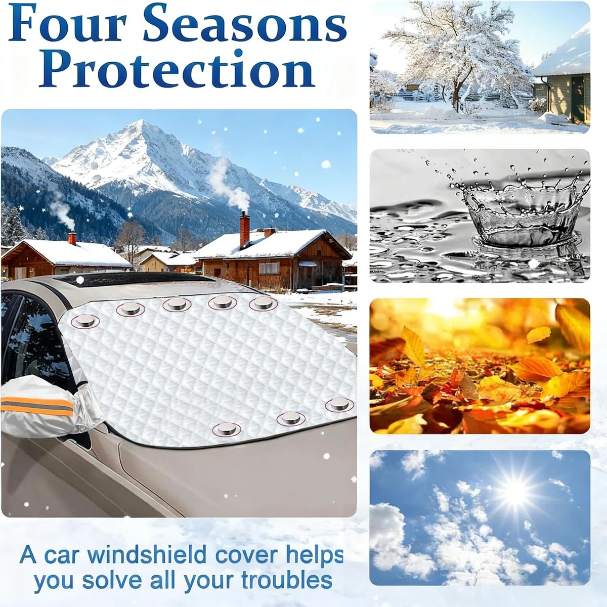 Protector Parabrisas Hielo, Funda Coche Antiheladas con 10 Imanes, Universal Antihielo y Nieve, UV, Lluvia, Cubierta Plegable para Parabrisas Coche, Protección Total para Invierno