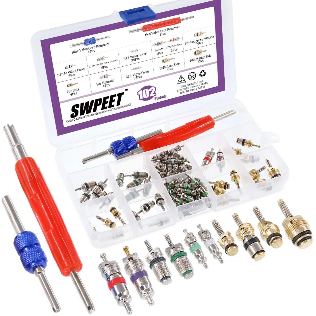 Swpeet Kit de 102 piezas de accesorios para núcleo de válvula de aire acondicionado, incluyendo surtido R12 R134a núcleo de válvula refrigeración núcleos de vástago de válvula de neumático con