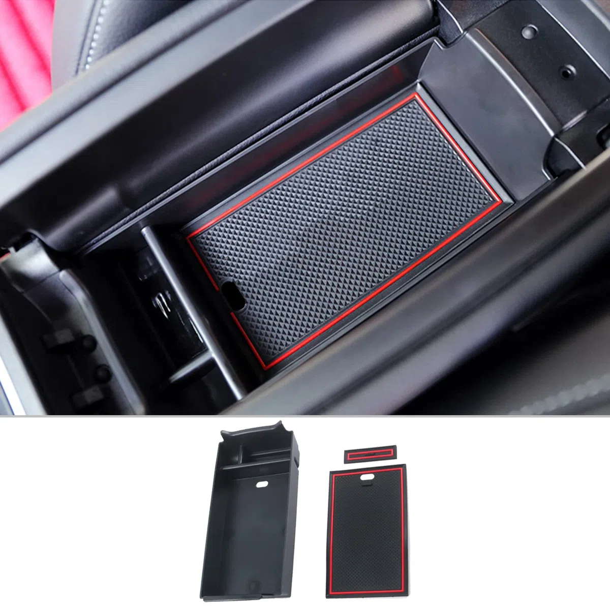 CDEFG Mercedes Clase A B W177 V177 W247 GLA H247 CLA C118 2019+ Caja de Almacenamiento Consola Central Apoyabrazos Interior Center Armrest Box, con Tapete Antideslizante Accesorios del Coche (Rojo)
