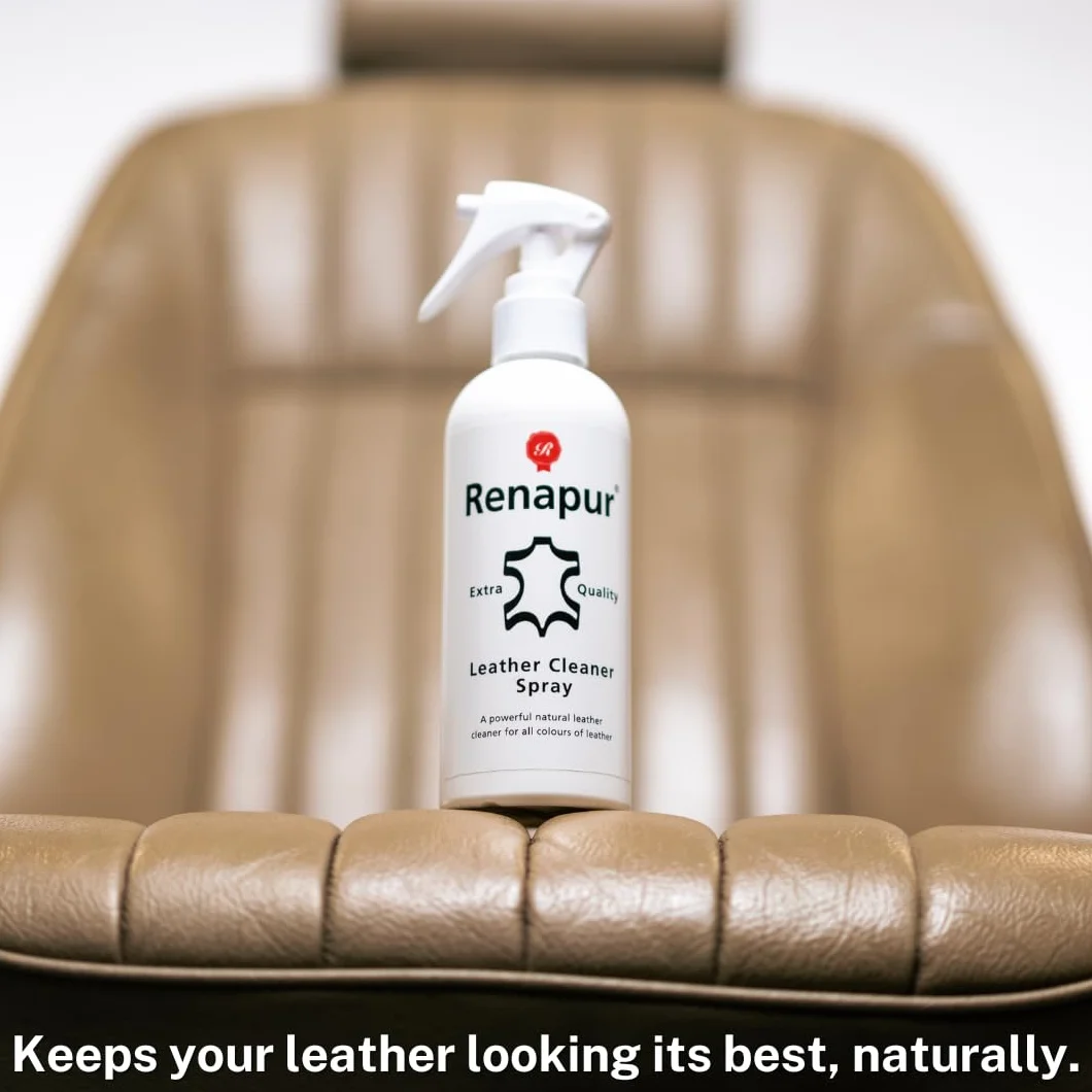 Renapur Spray Limpiador Natural de Cuero 250 ml Fórmula de Limpieza Profunda para Sofás Interiores de Coche Calzado Ropa y Sillas de Montar - La presentación Puede Variar