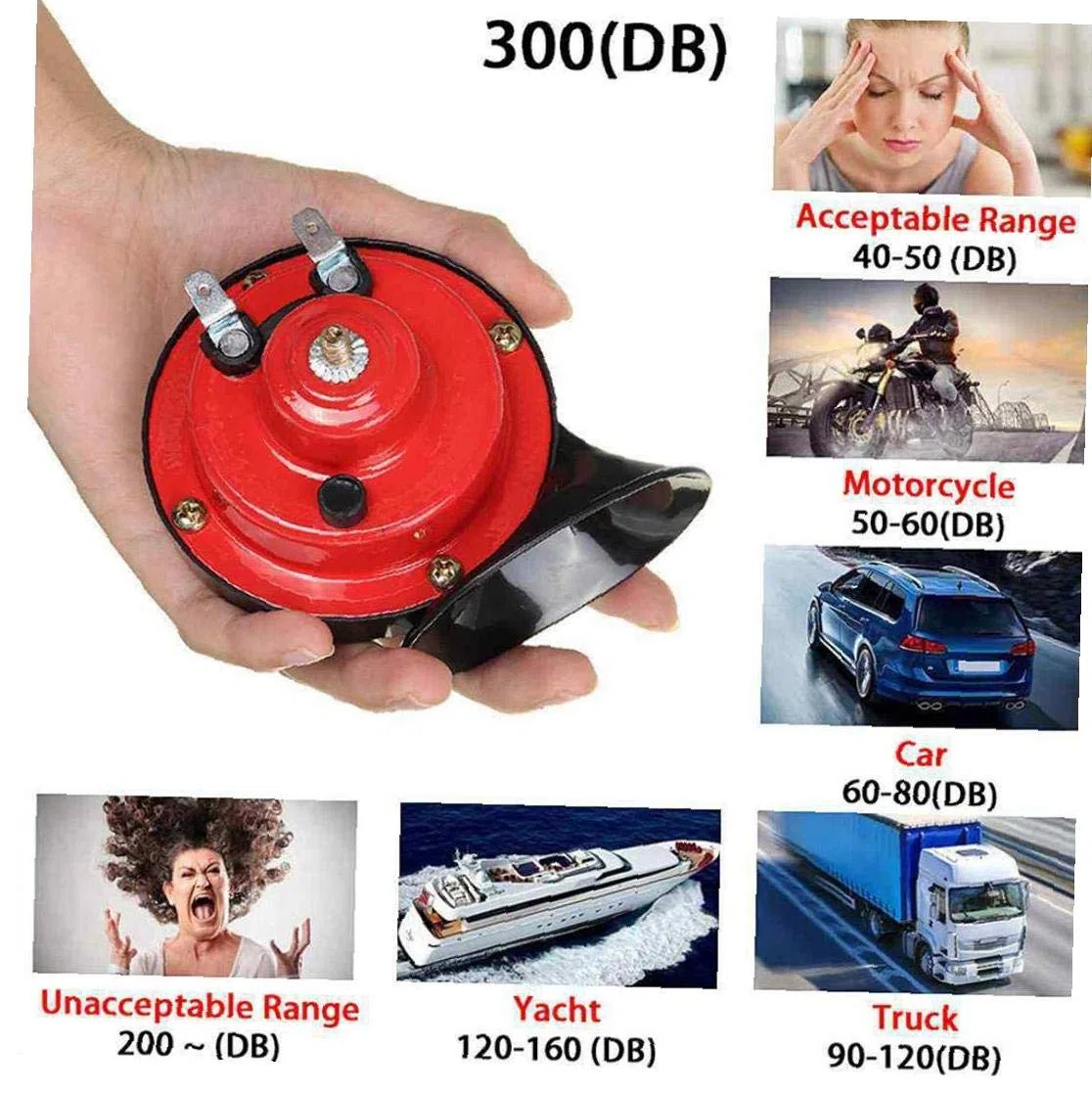 Caracol Cuerno de Aire de Tren Cuerno Kit de Motocicleta eléctrica de Hornos 24V 300DB Muy Ruidoso Cuernos de Camiones Coches Motos Barcos Negro Red 2 Piezas