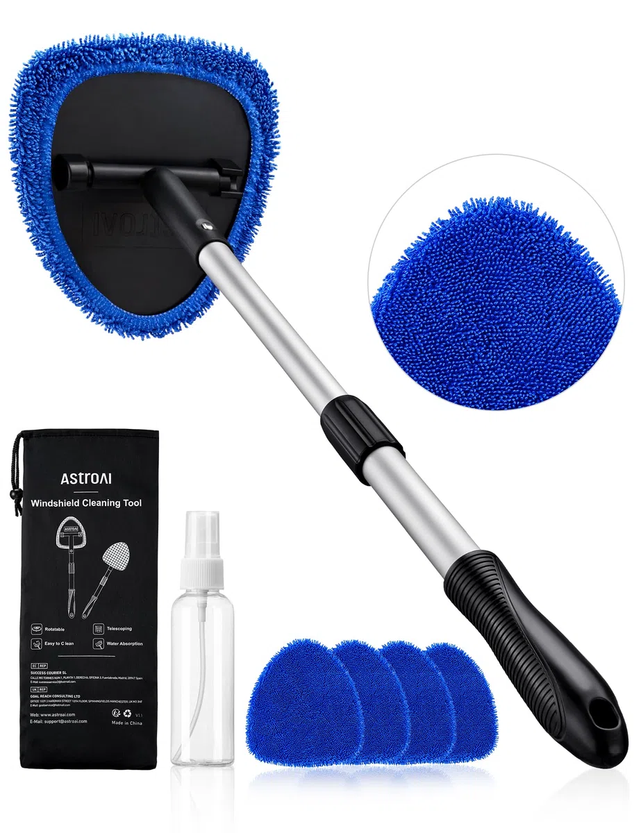 AstroAI Cepillo Lavar Coche, Cepillo de Limpieza Extraíble Telescópico, Kit de Limpiaparabrisas Interior de Cristal, 4 Almohadillas de Microfibra Herramienta de Limpieza de Parabrisasl, Azul