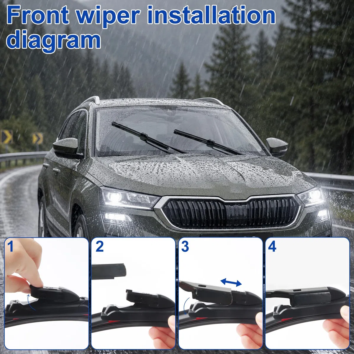 Juego de Limpiaparabrisa Delantero y Trasero Compatible con Skoda Karoq NU7 2017-2022 | 2 Hojas de Repuesto Delantero + 1 Limpiaparabrisas Escobillas Trasero de Coche + 1 Brazos de Limpiaparabrisas