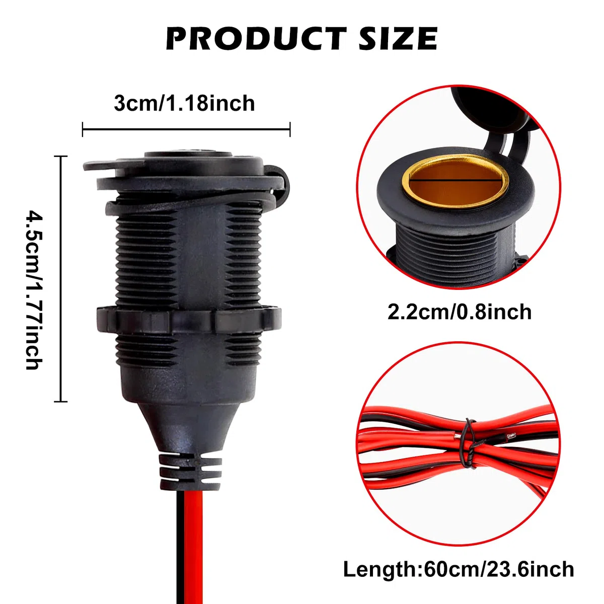 Toma De Encendedor,3 Piezas Zócalo del Encendedor de Cigarrillos,Enchufe Mechero Impermeable 12V / 24V DC,Waterproof Marine Grade,Toma de Mechero para Motocicleta ATV RV,con Cable de Conexión de 0,6m
