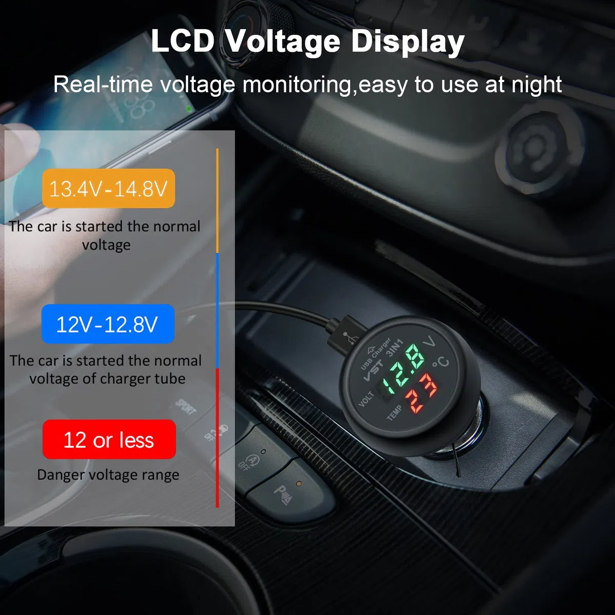 YGL 3 en 1 cargador USB de coche, moto de coche, impermeable, voltímetro LED/cargador/termómetro 12 V-24 V