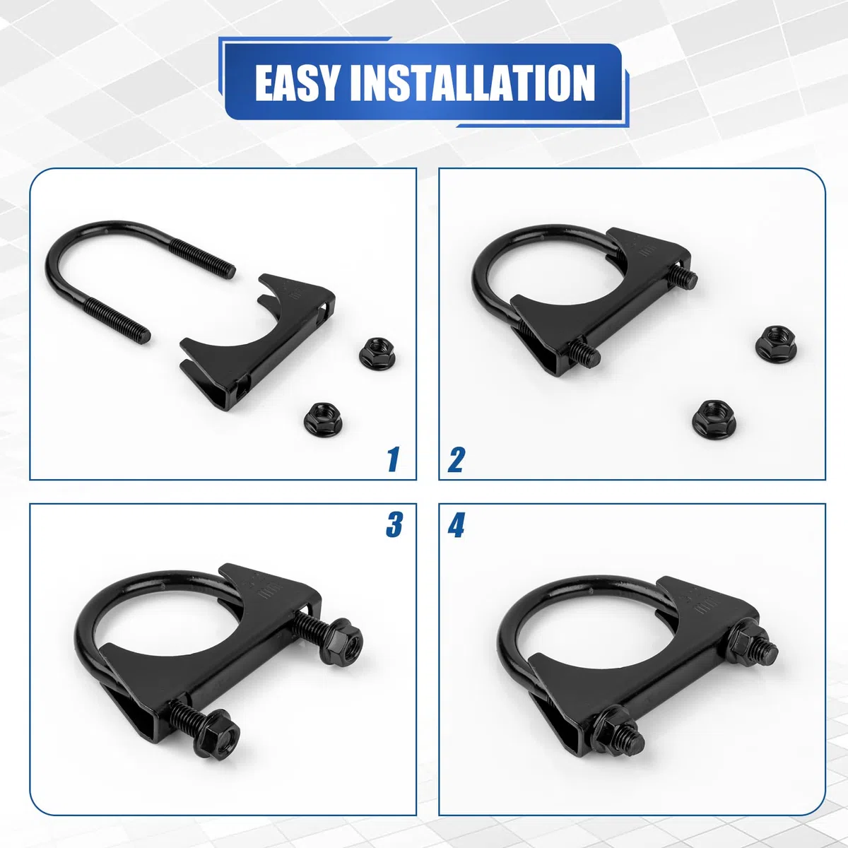2PCS Abrazadera para Tubo de Escape - Abrazadera de Silenciador Tipo U Universal de Acero Inoxidable Reforzado en Negro para Conexión de Tubo de Escape de Coche (60MM)