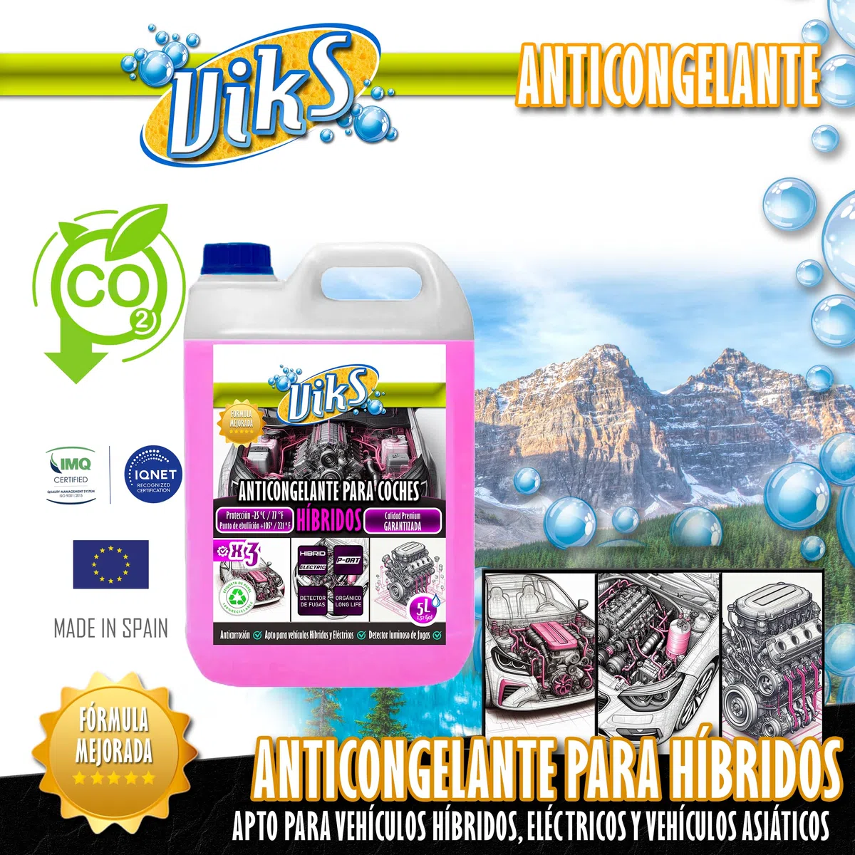 Viks | Anticongelante para COCHES HÍBRIDOS | Tecnología P-OAT | Refrigerante Organico Rosa para vehiculos electricos | Protección del circuito -25ºC | Apto todo tipo de Radiadores | Uso directo | 5L