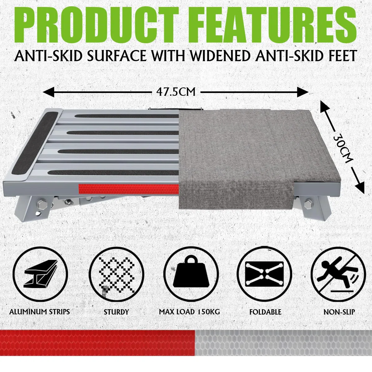 Gardtech Escalón para Caravana con Alfombrilla, escalón Plegable de Aluminio Carga máxima 150 kg Altura Regulable para Caravana, Autocaravana, Todoterreno, autobús de Camping o reposapiés en casa