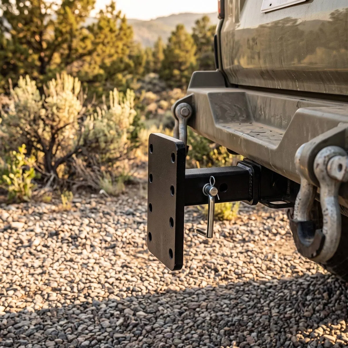 Enganche Remolque Vehiculo Bracket, Estilo Industrial De Alta Resistencia, Diseñado para Remolque De Vehículos Todoterreno, con Base De Montaje Ajustable Y Acabado En Color Negro.