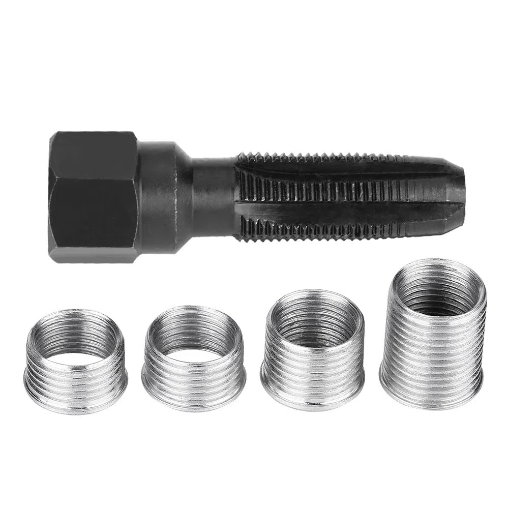 Kit de reparación de roscas de bujías, 5 piezas de acero al carbono, herramientas de roscado de bujías con rciones para reparación de bujías de 14 mm