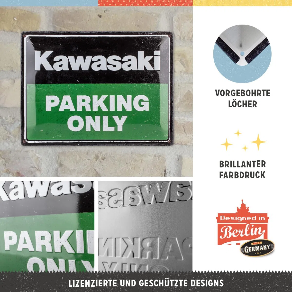 Nostalgic-Art Cartel de chapa retro, Kawasaki - Parking Only Green – Idea de regalo para aficionados as motos, metálico, Diseño vintage, 30 x 40 cm
