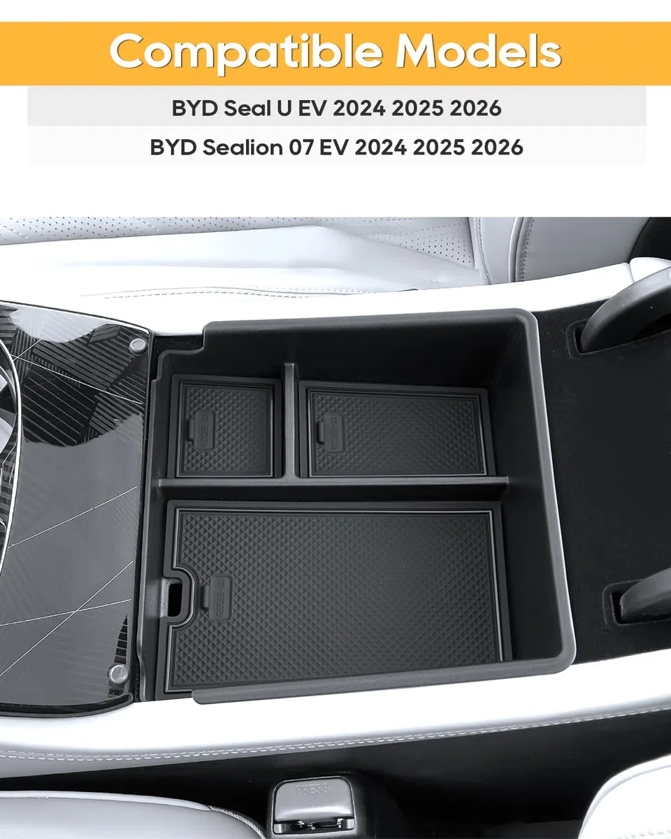 YEE PIN Compatible con BYD Seal EV 2023-2025 2026 Caja de almacenamiento para consola central, reposabrazos central, guantera, bandeja organizadora con alfombrilla antideslizante, para accesorios Seal