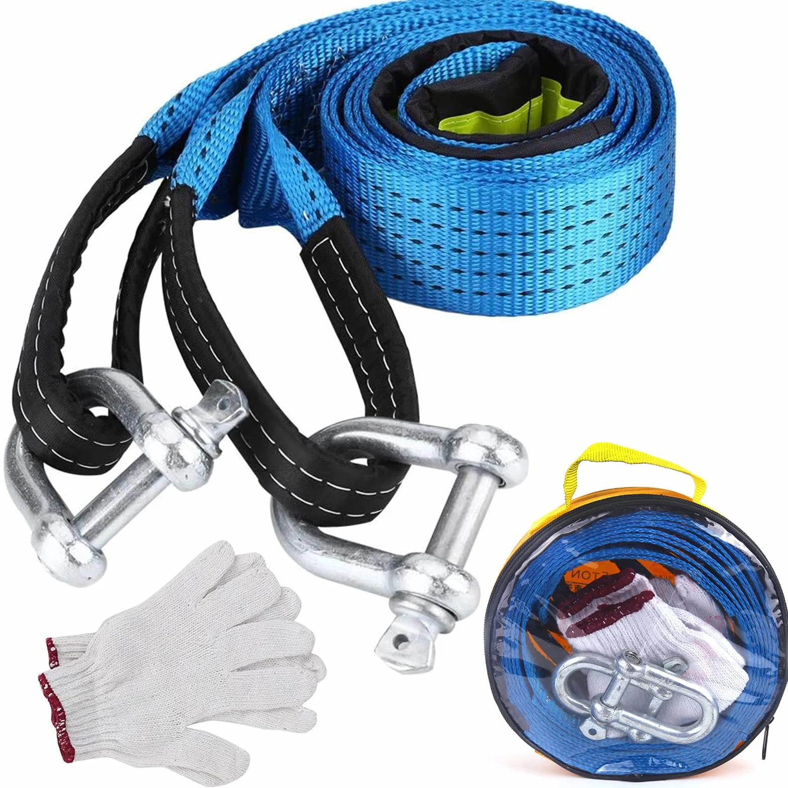 Eslingas de Carga para Remolque Coche 8T, 5 M x 5 CM Accesorios Todoterreno con 2 Grilletes 2 Guantes 1 Bolsa de Almacenamiento, Accesorios Coche para Recuperación Vehículo Coche SUV