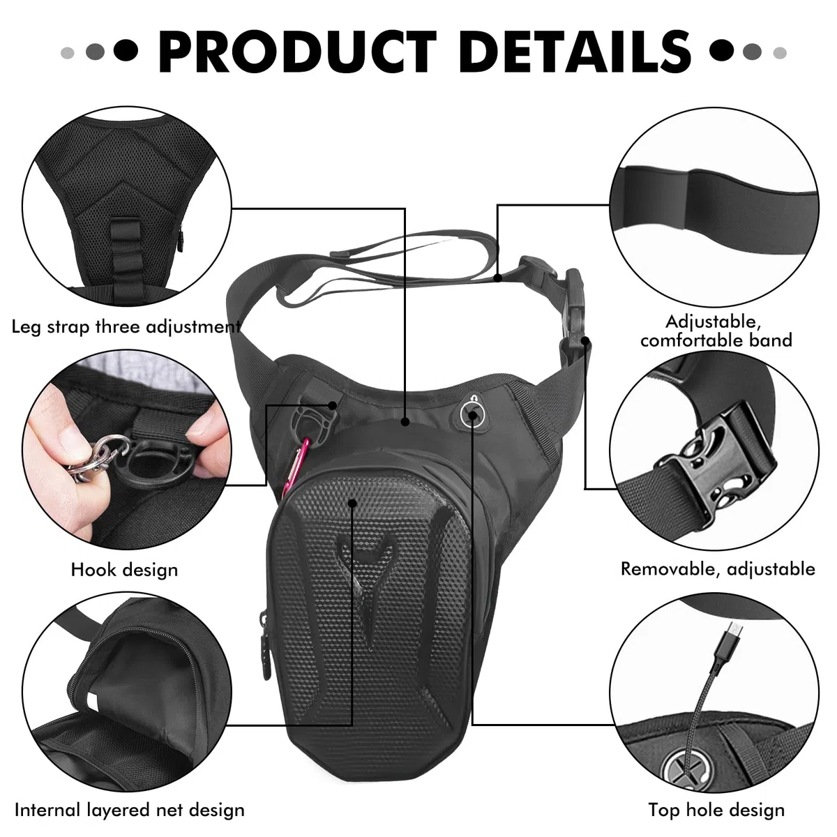 Bolsa de pierna para moto, con carcasa rígida de EVA y diseño impermeable, correa ajustable, 26 x 20 x 13 cm, color negro, Negro , Bolsa de pierna para moto