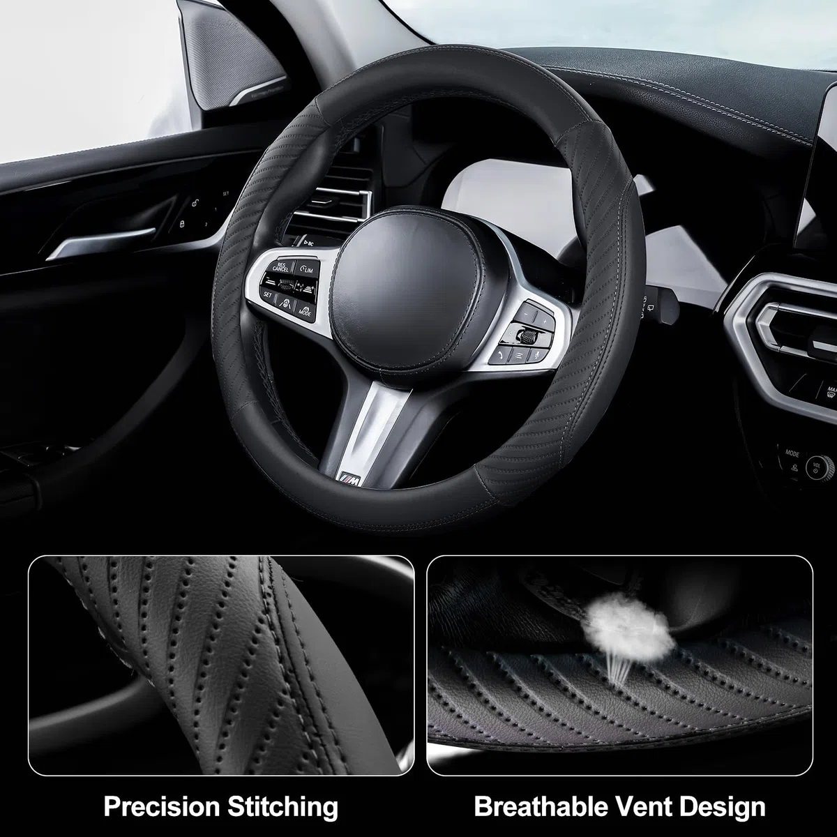 Funda de cuero para volante de automóvil, funda de microfibra suave, tamaño universal M, 37-38 cm, antideslizante, transpirable, color negro