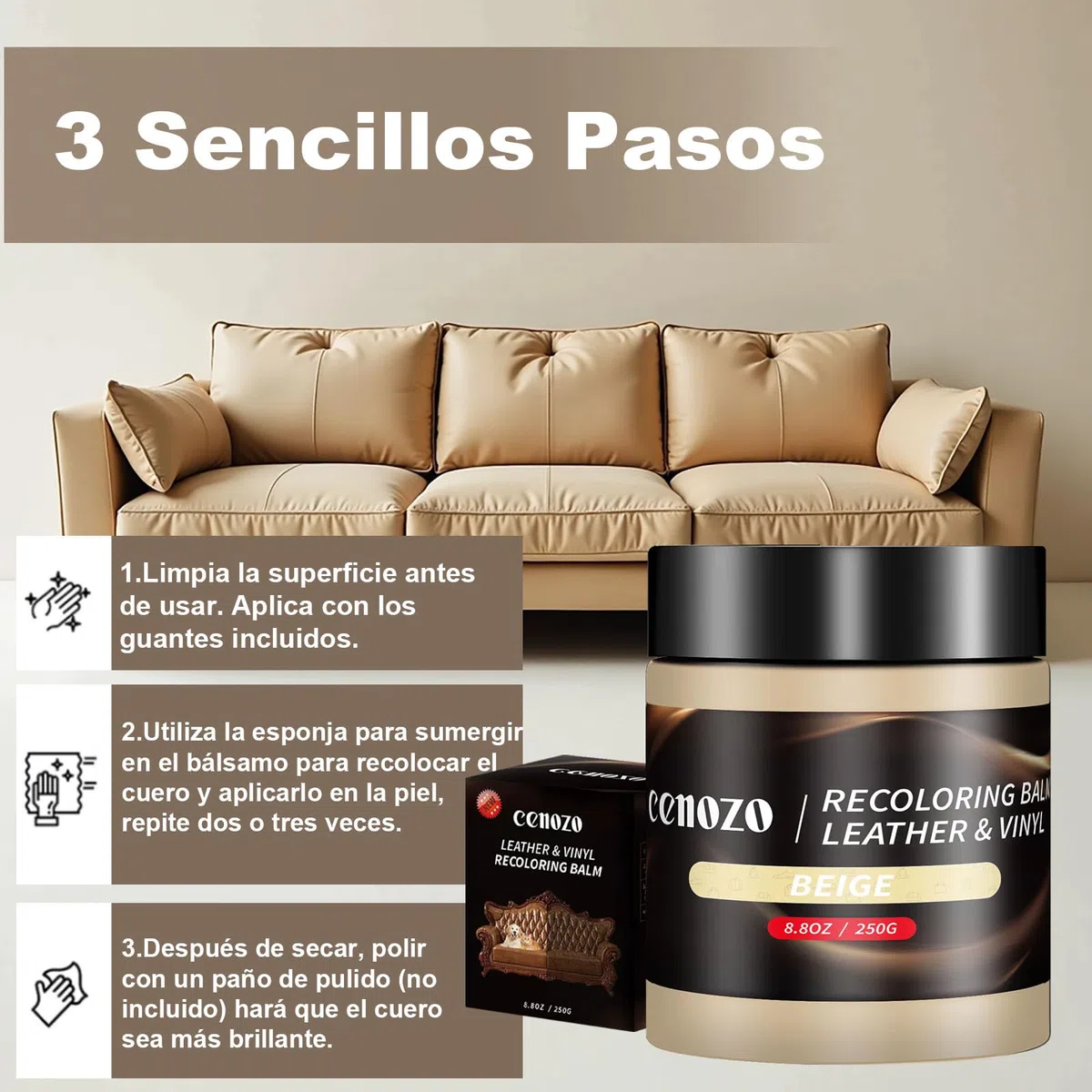 250g Beige Kit de Reparación para Cuero,Cuero Liquido Reparador,Pintura para Cuero para Reparar el Desgaste y Las Marcas en Sofás, Muebles de Vinilo, Asientos de Automóvil y Zapatos de Cuero