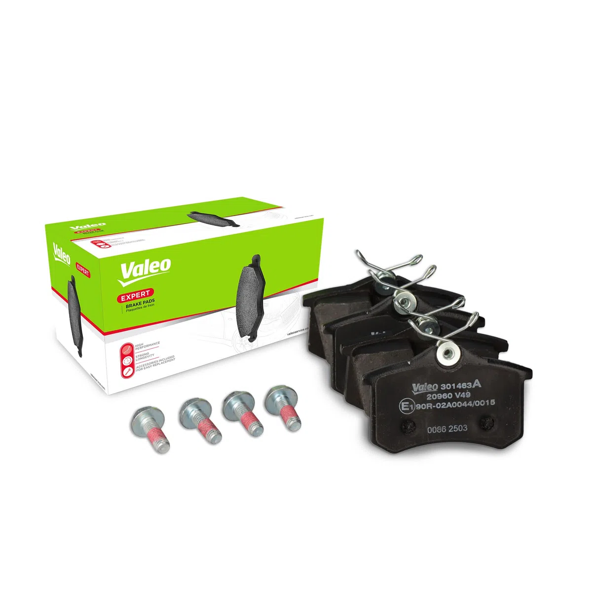 VALEO Pastillas de freno Expert 301463A, Juego de 4 pastillas, Eje trasero, Completamente equipado con accesorios montados - Certificación ECE-R90