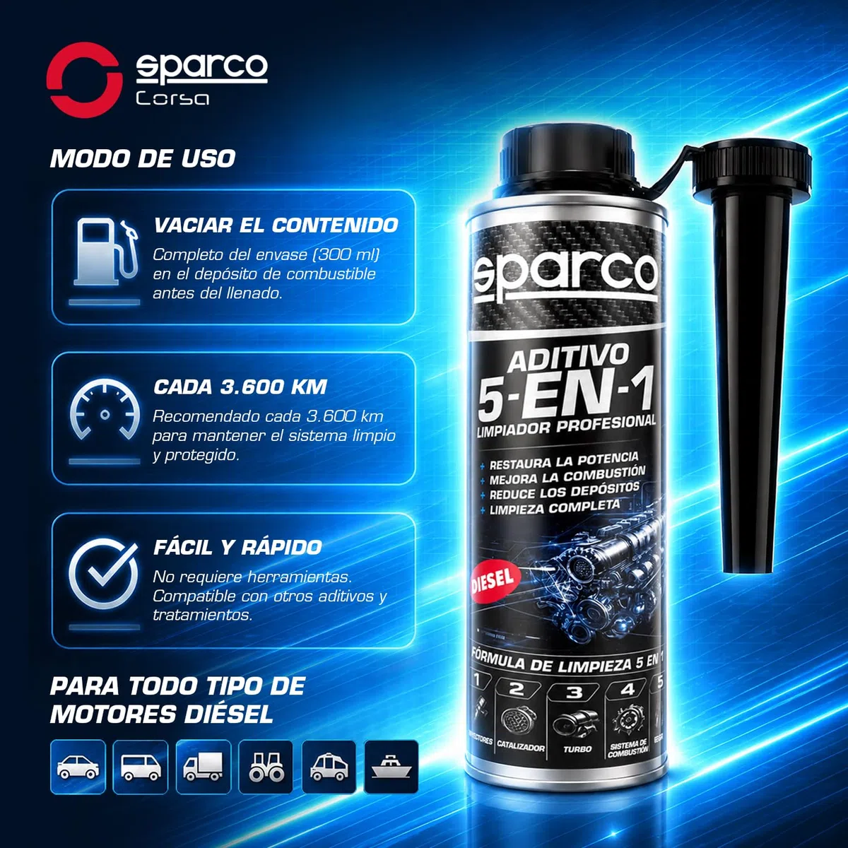 Sparco Aditivo Diesel 5 en 1 Profesional 300ml – Limpiador Completo de Inyectores, Turbo, DPF, Válvula EGR y Admisión – Reduce Consumo y Emisiones – Mejora Rendimiento del Motor