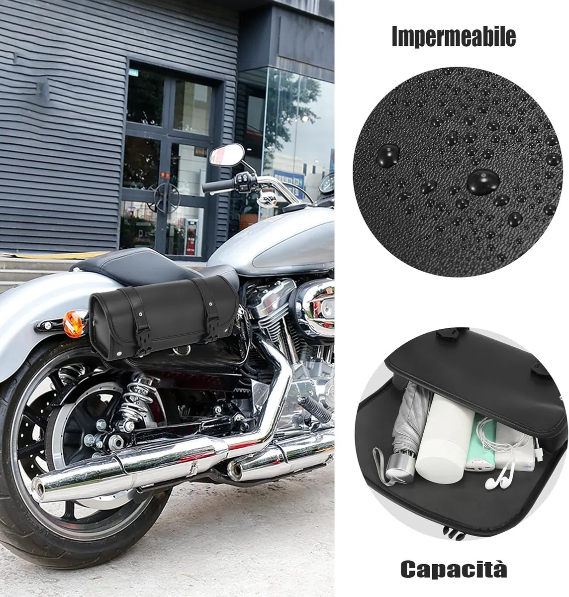 Bolsa universal para sillín de motocicleta, de piel sintética, para manillar de moto, con 2 correas, resistente al agua y al calor