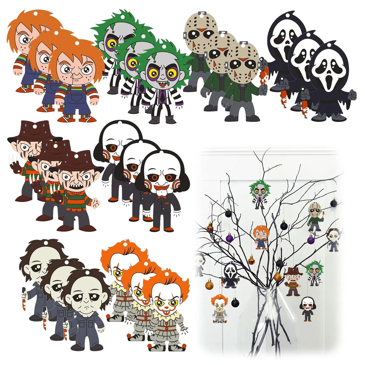 Adornos colgantes de película de terror de Halloween, 24 figuras de madera, ocasión: Halloween